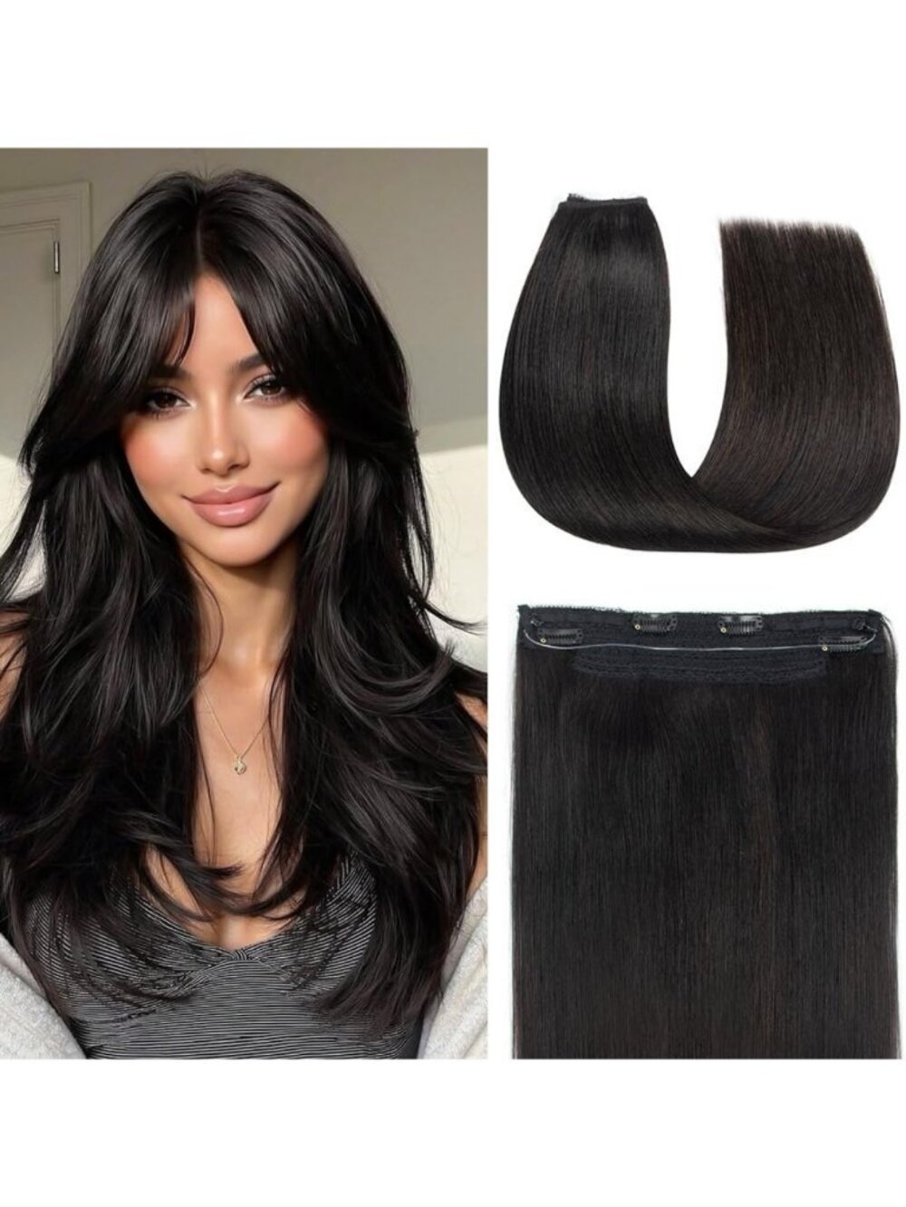 18" Real Human Hair Halo Extensions - Natural Black, 80g, Invisible Wire, 4